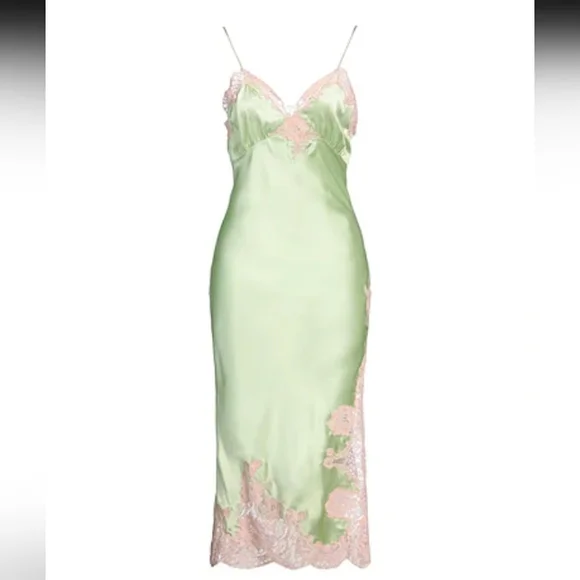 chinese dress ladies Olive Lace Trim Slip Midi Dress  Rare London